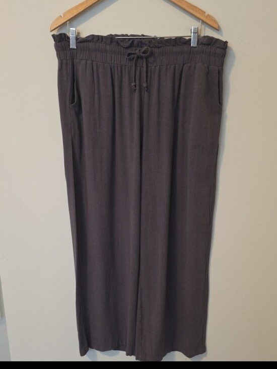 Ueu Pants - Linen Blend Drawstring Palazzo Wide Leg Pants